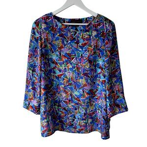 Nina Mclemore Mosaic Print Silk Blouse Blue Multicolored Top Size 16 Spring Art